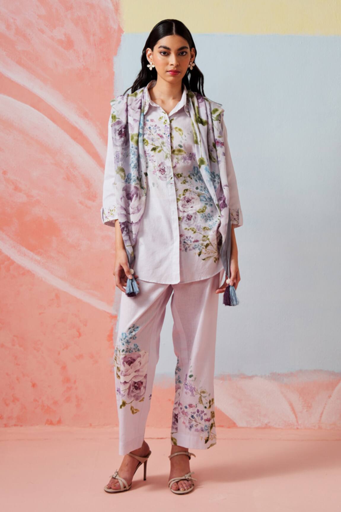 Rainas Lilac Floral Print Cotton Linen Set 
