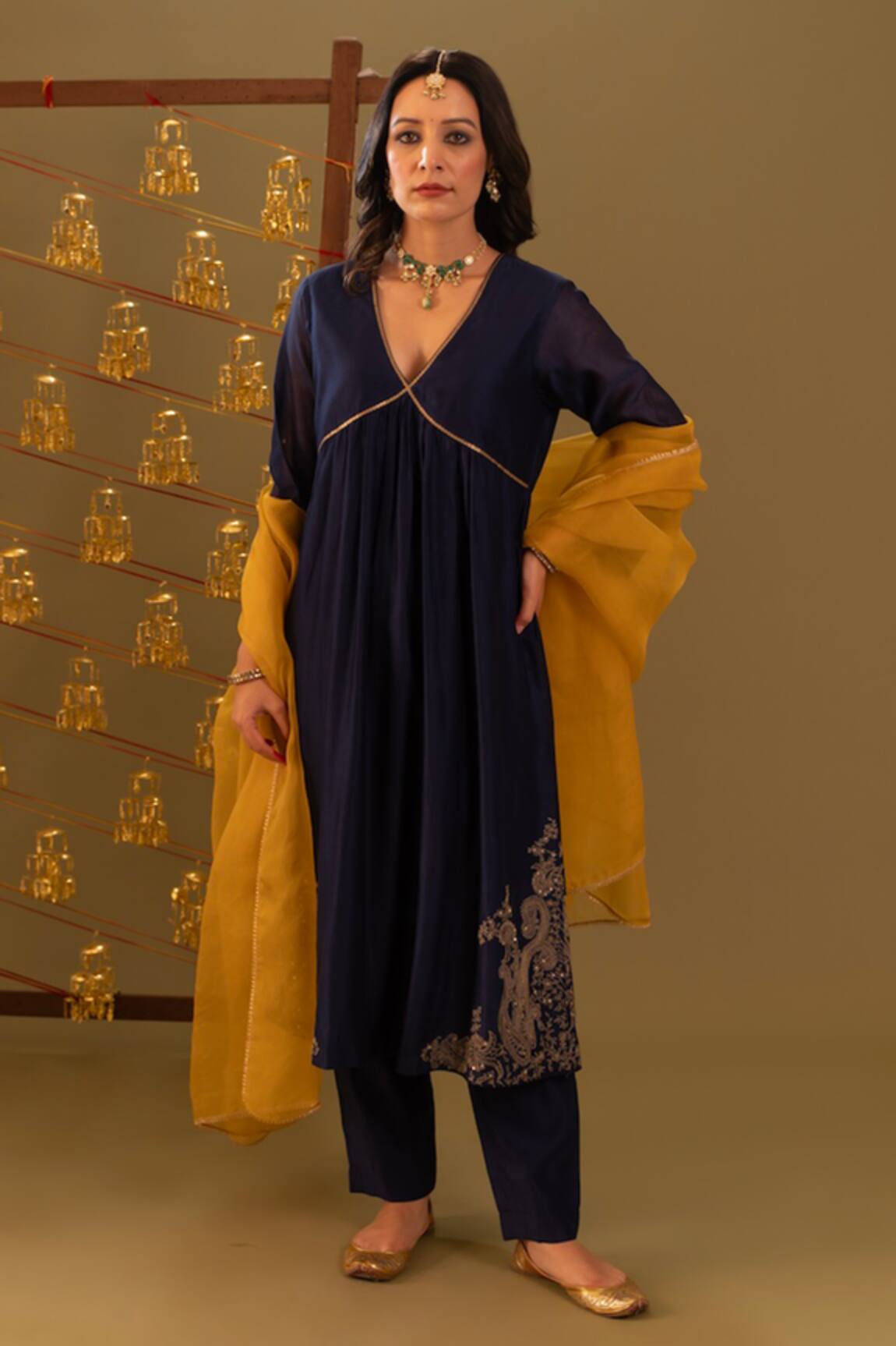 Rashi Jain Navy & Mustard Chanderi Kurta Set 