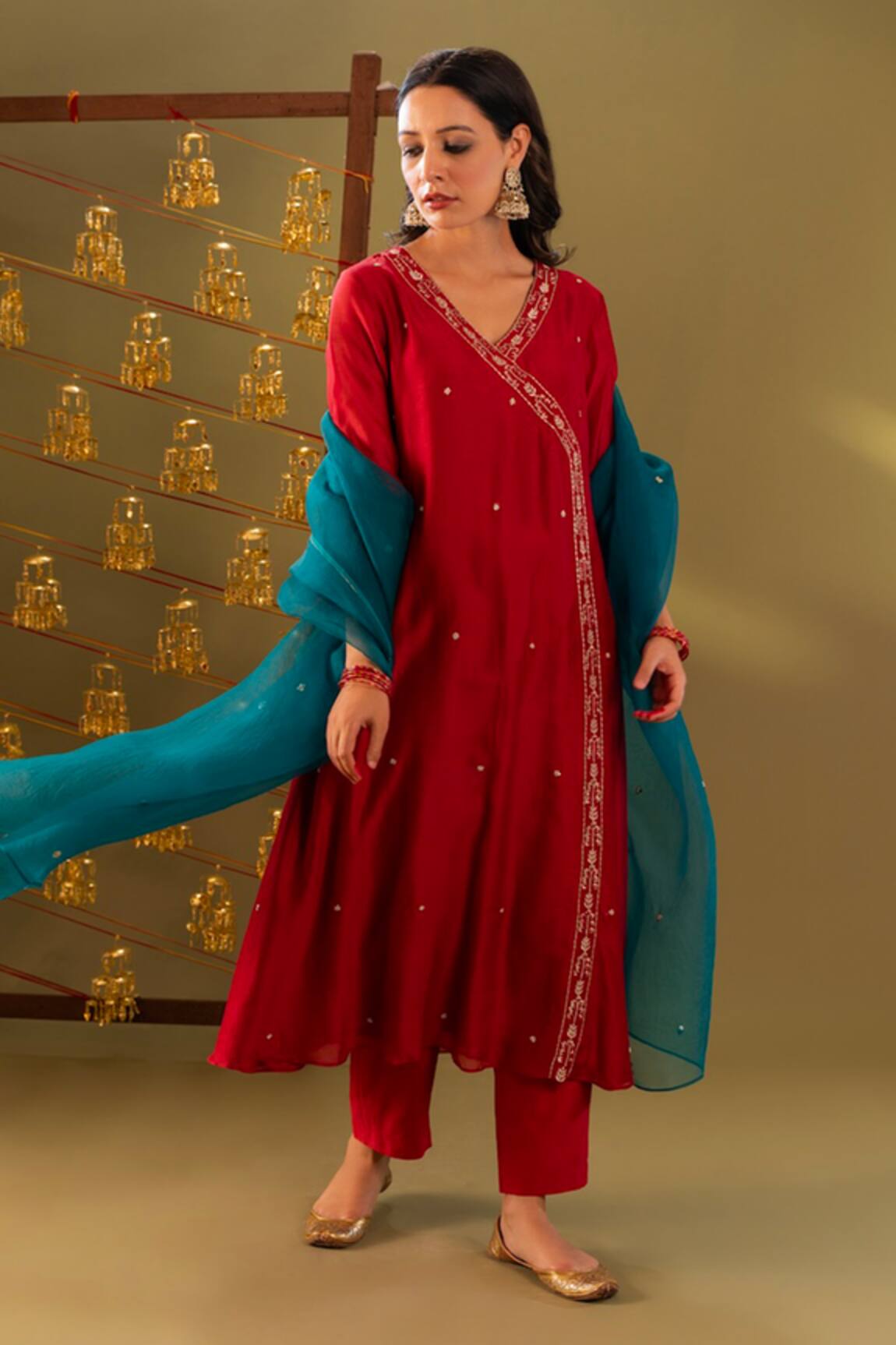 Rashi Jain Red & Teal Chanderi Kurta Pant Dupatta Set 