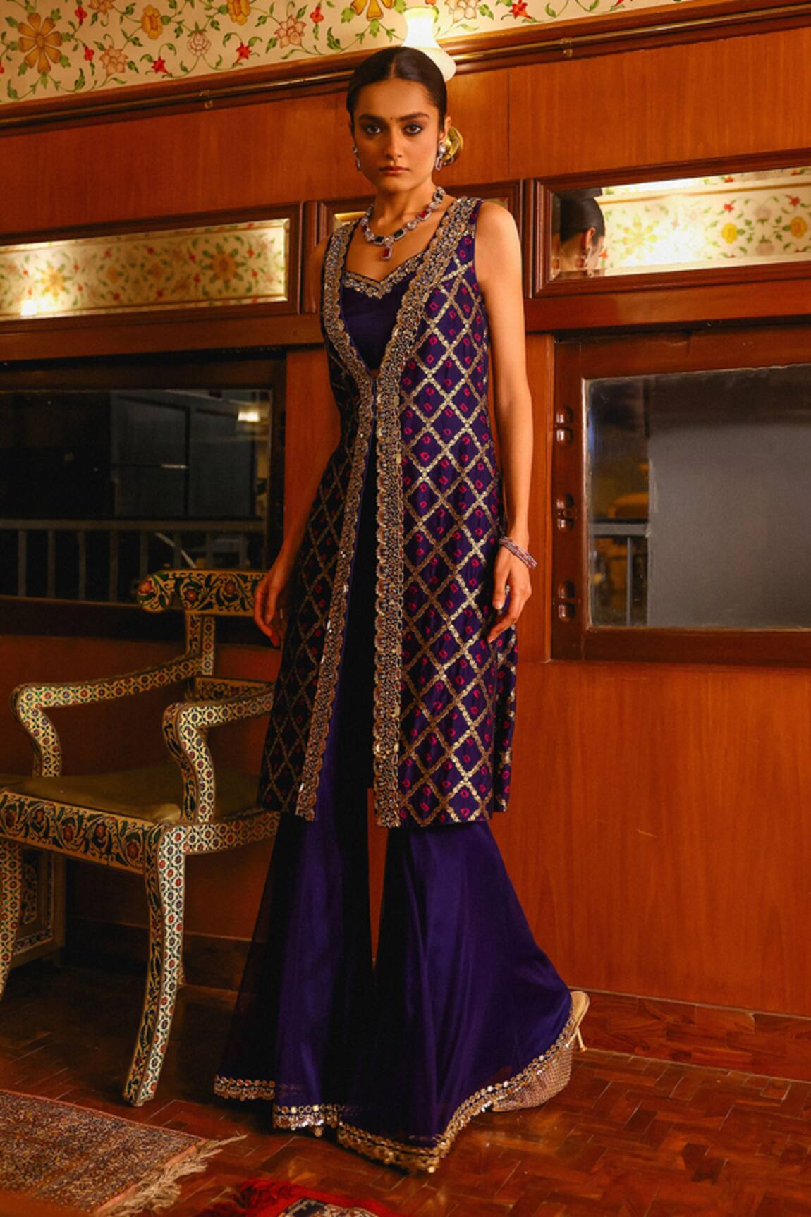 Sabe Navy Blue Bandhani Silk Jacket & Sharara Set 