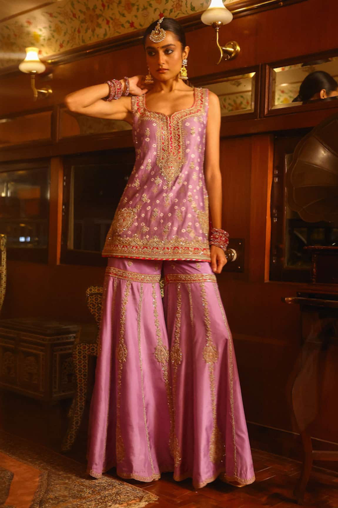 Sabe Lilac Bandhani Silk Raas Sharara Set 