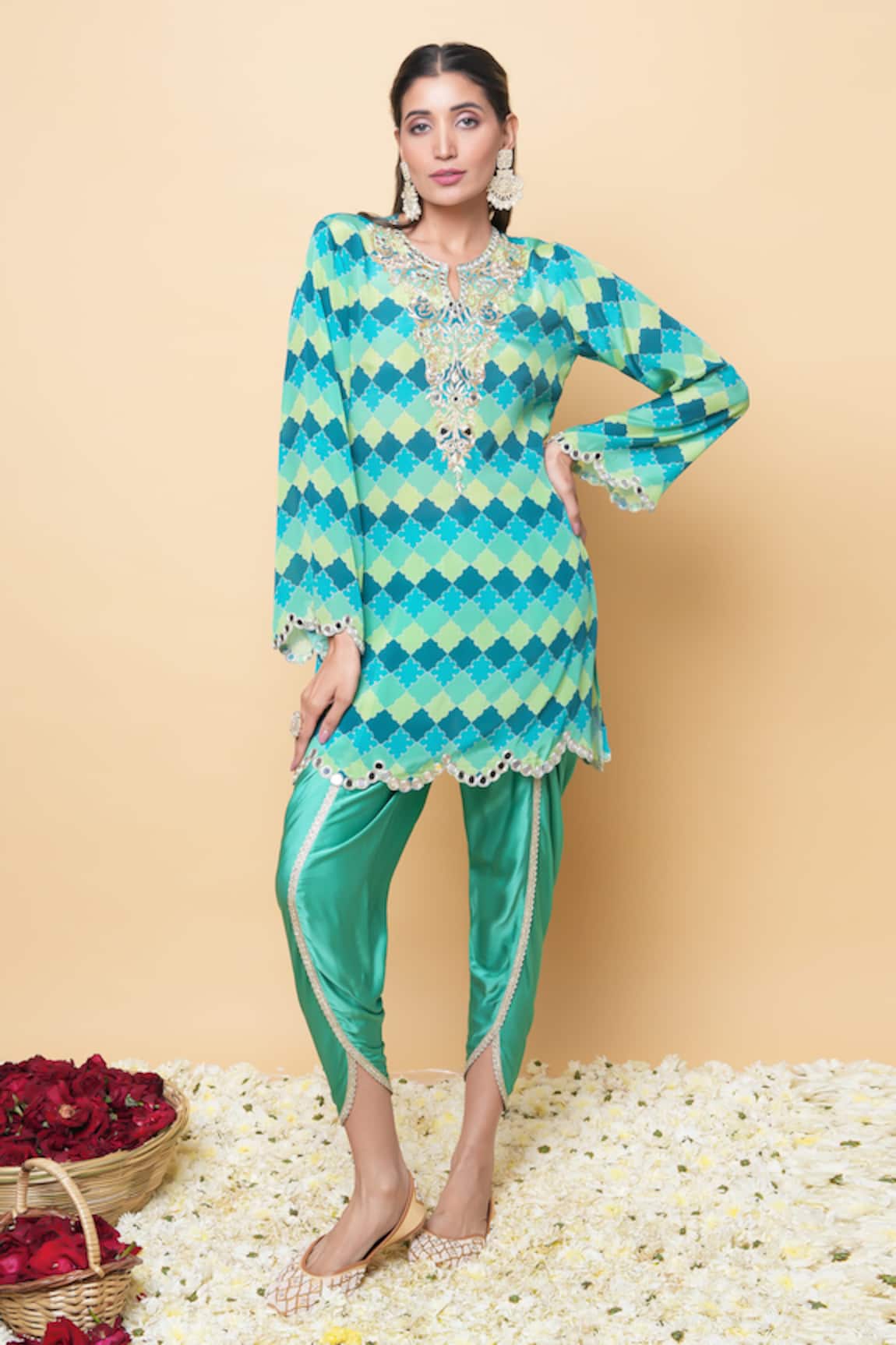 Sajeda A Lehry Hand Embroidered Green Kurta & Dhot Pant Set 