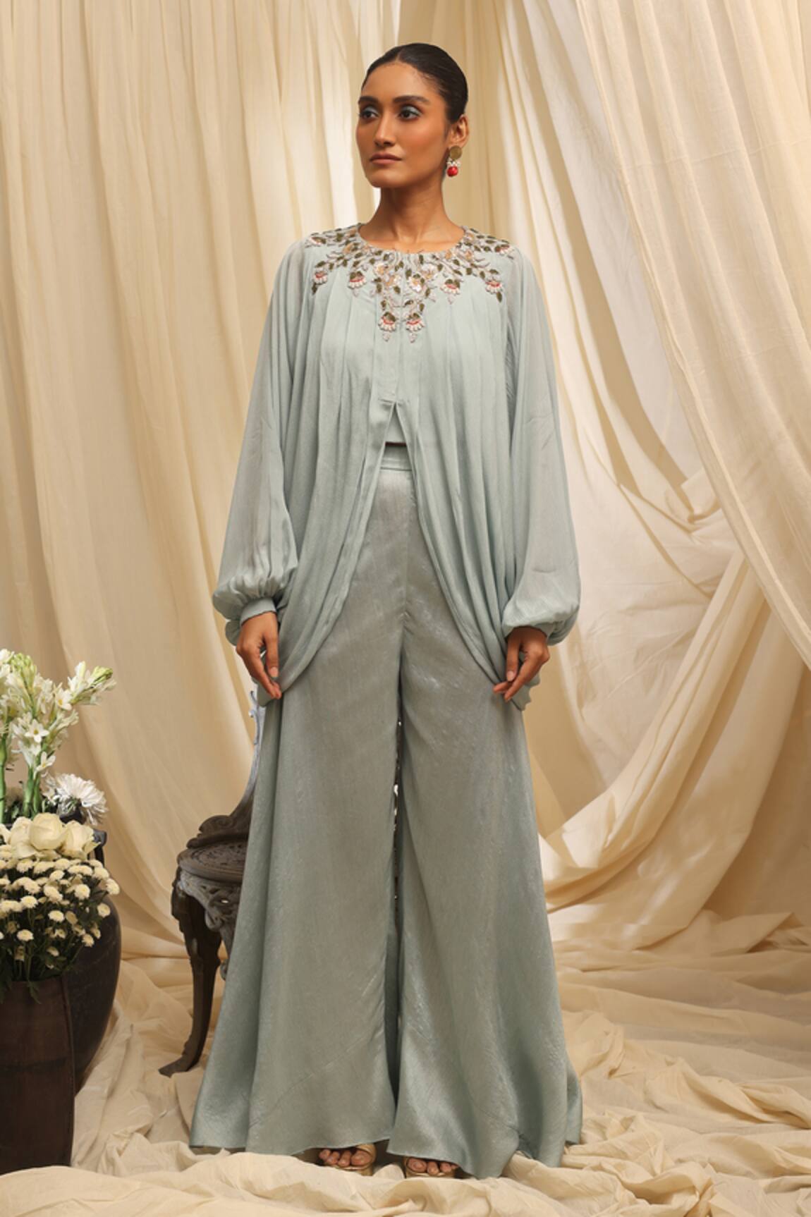 Ekru Winding Blossom Drape Top & Sharara Set 