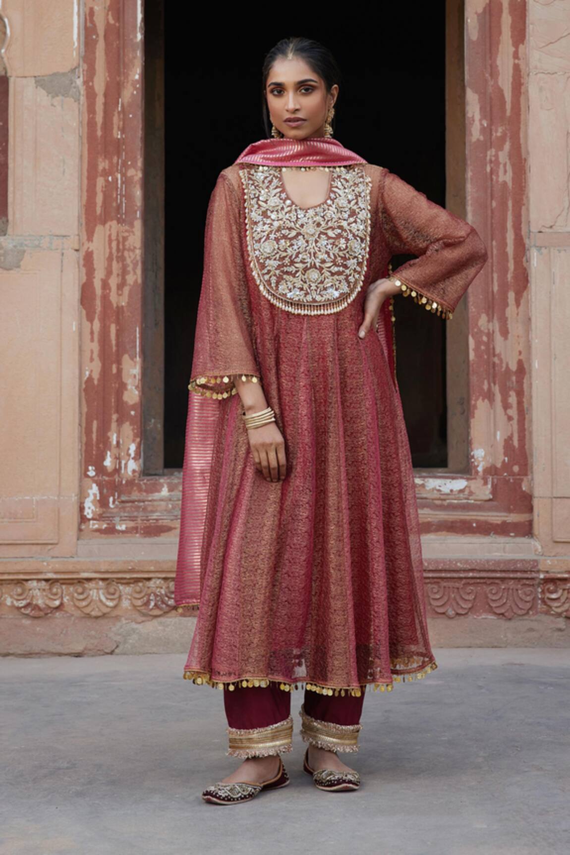 Etasha by Asha Jain Rust Metallic Mesh Anarkali Set 