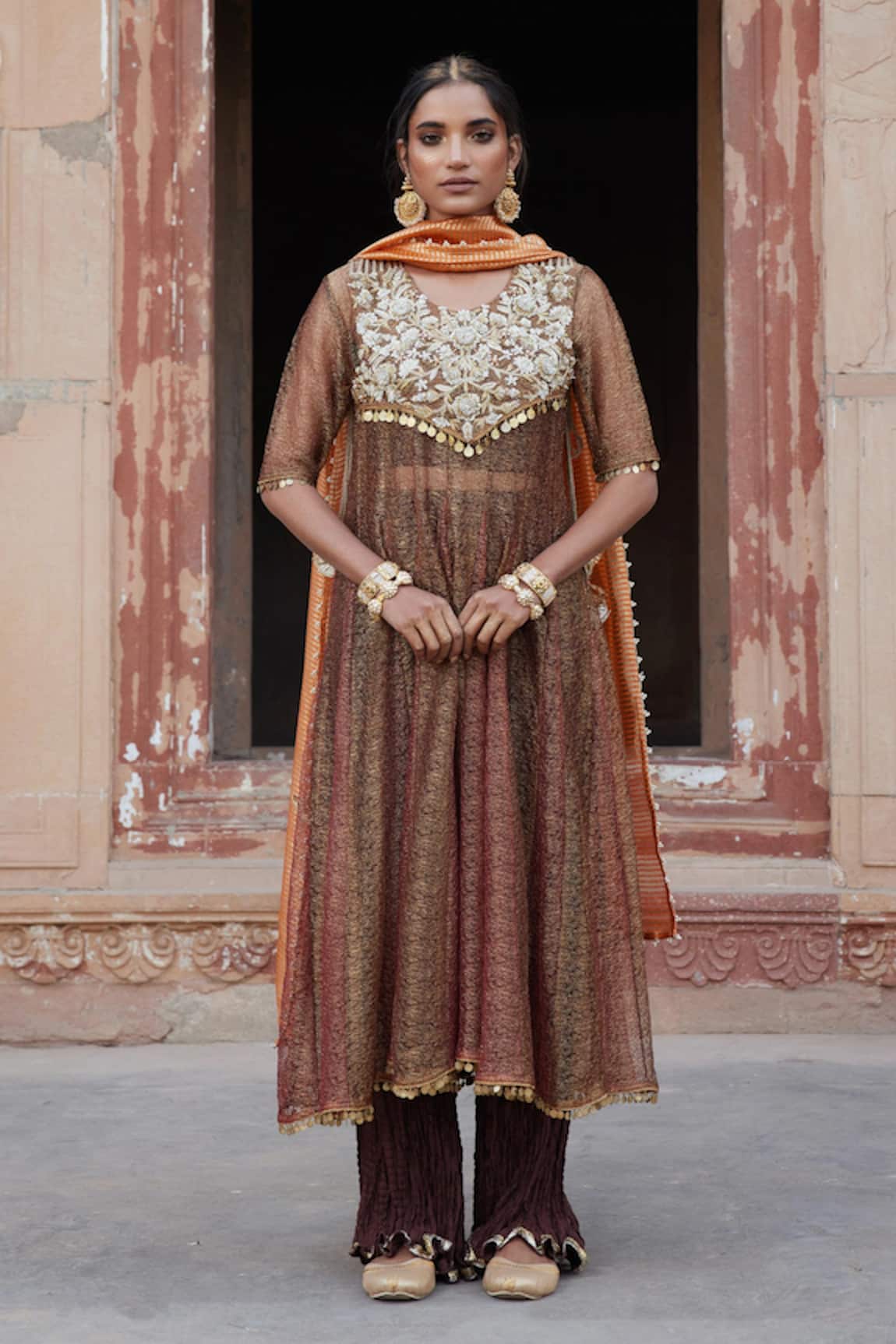 Etasha by Asha Jain Coffee Kurta Set with Striped Dupatta 