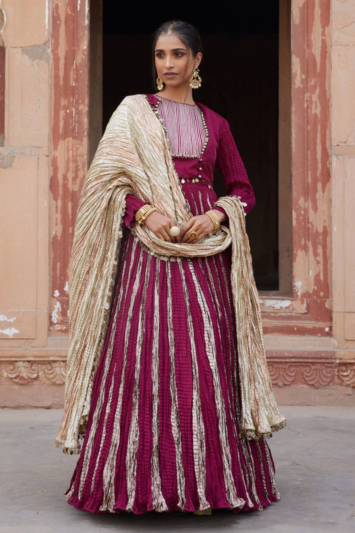 Etasha by Asha Jain Magenta Textured Silk Anarkali Set 