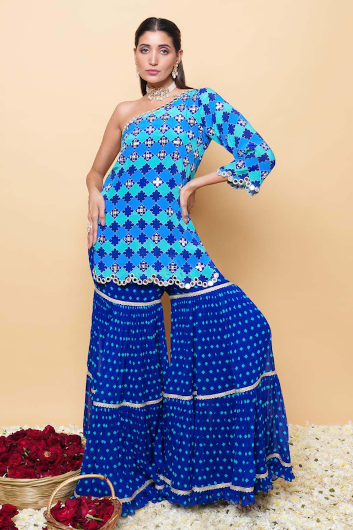 Sajeda A Lehry MIRAYA Blue One Shoulder Kurta & Sharara Set 