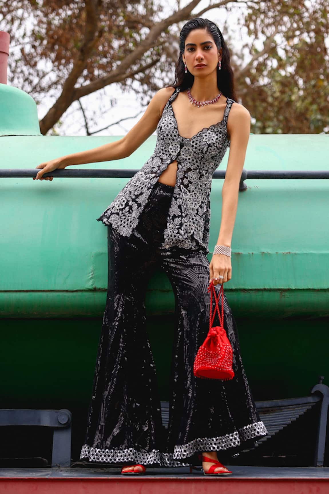 Sabe Black Designer Peplum Top & Bell Bottom Pant 