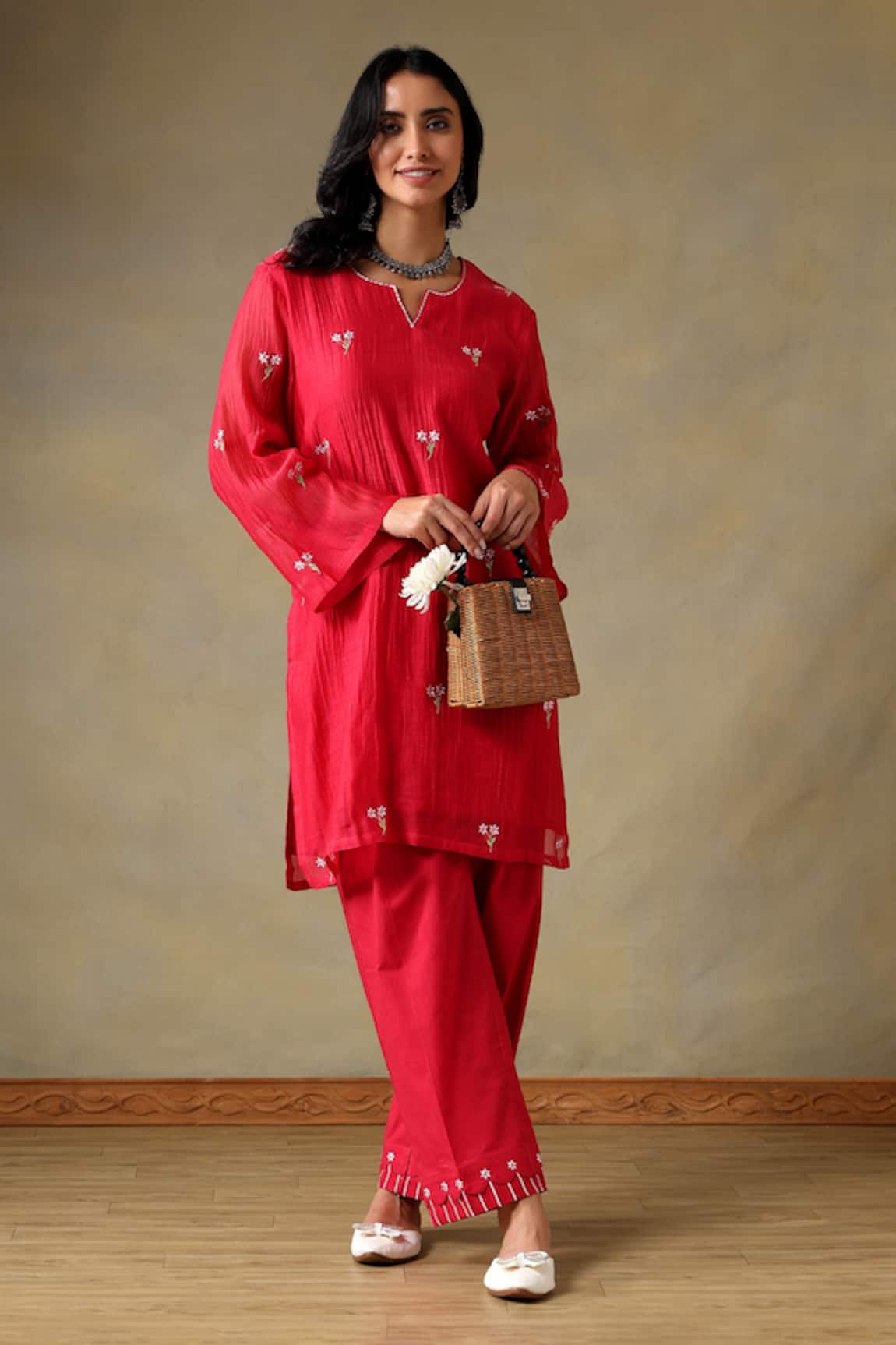 Tashee Red Chanderi Kurta with Pant 