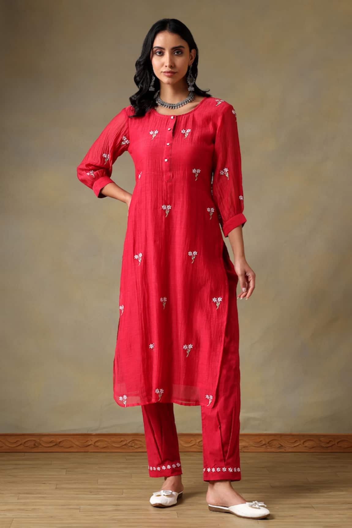 Tashee Red Chanderi Kurta & Pant Set 