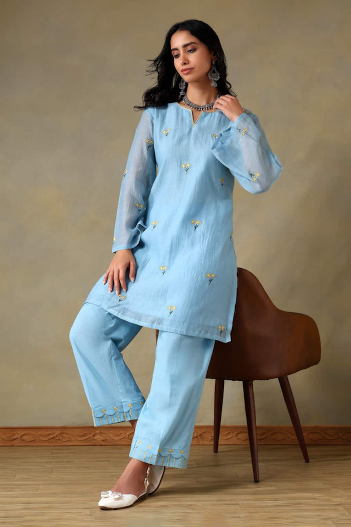 Tashee Powder Blue Chanderi Kurta & Pant Set 