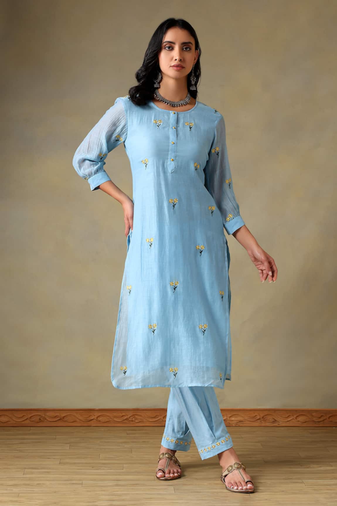 Tashee Powder Blue Chanderi Kurta & Pant Set 