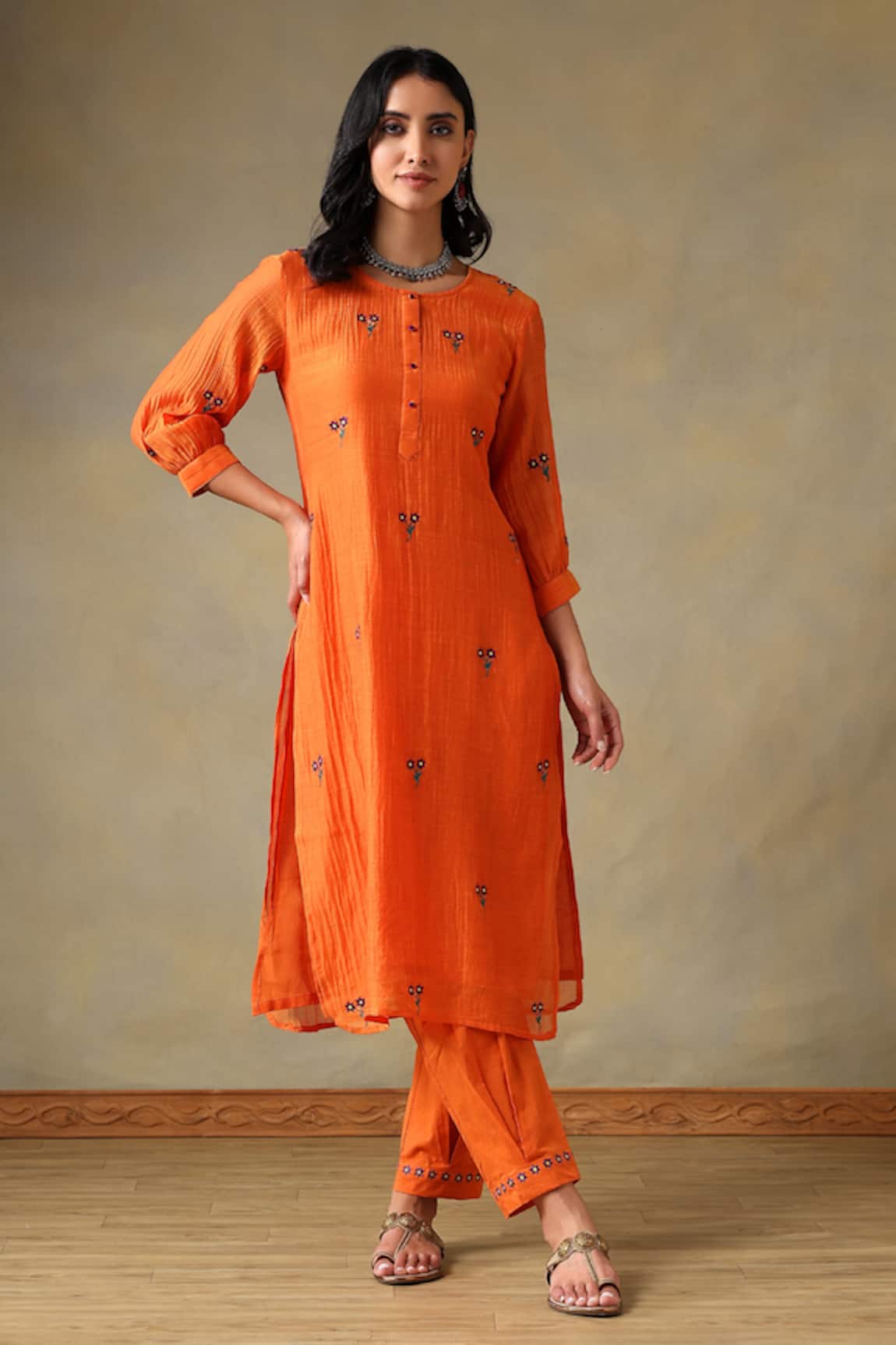Tashee Orange Chanderi Kurta Pant Set 