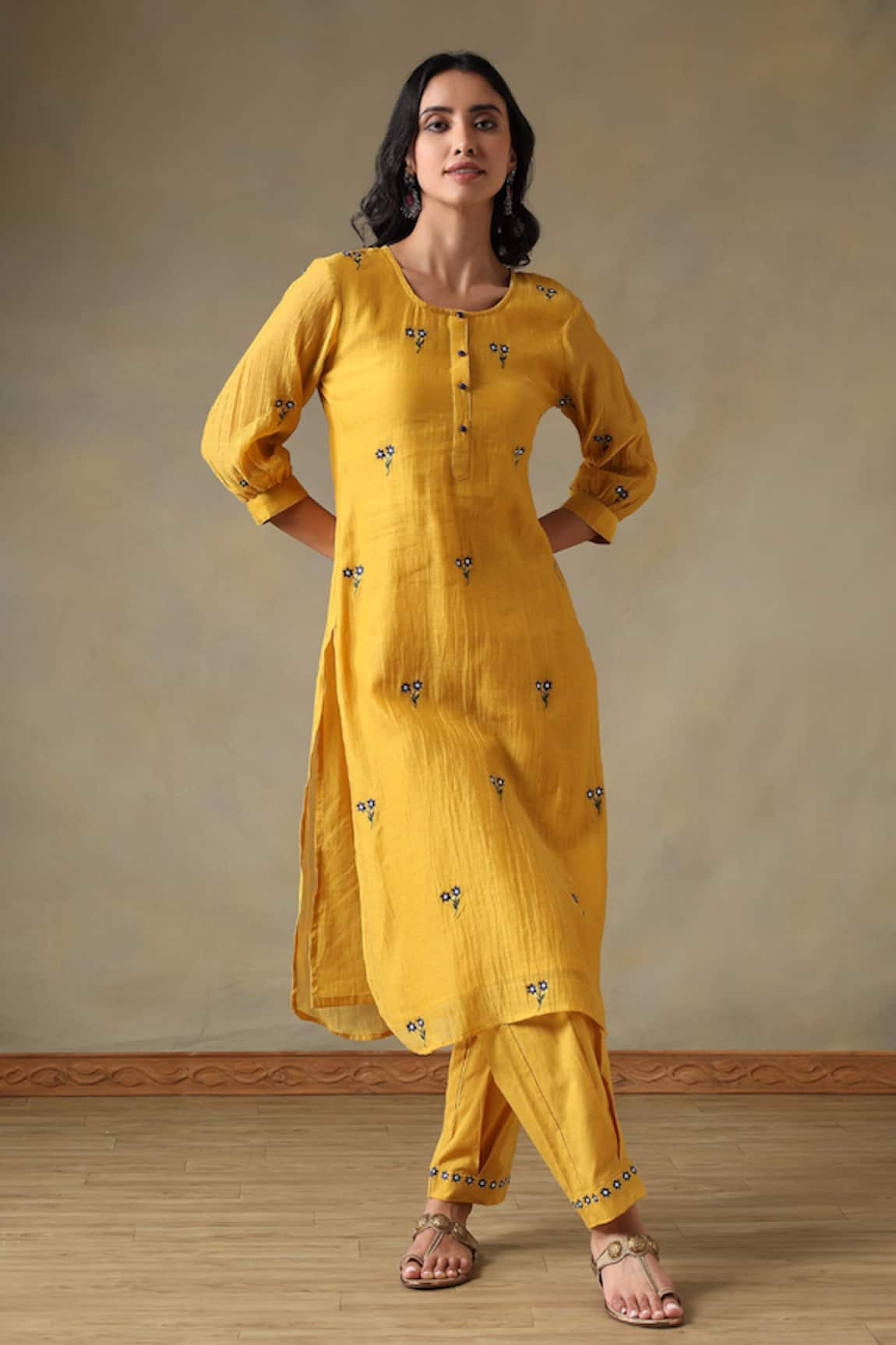Tashee Yellow Chanderi Kurta with Pant Set 