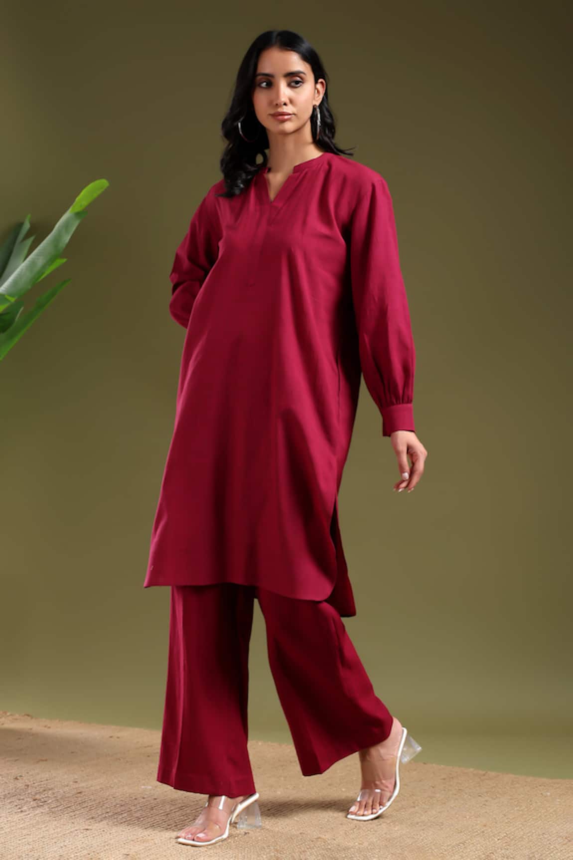 Tashee Maroon Linen Kurta with Pant Set 