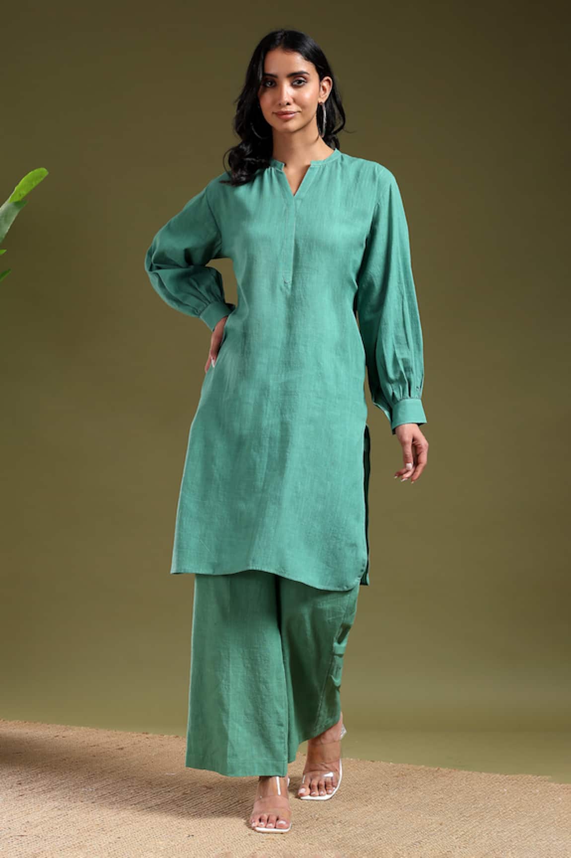 Tashee Sage Green Linen Kurta & Pant Set 