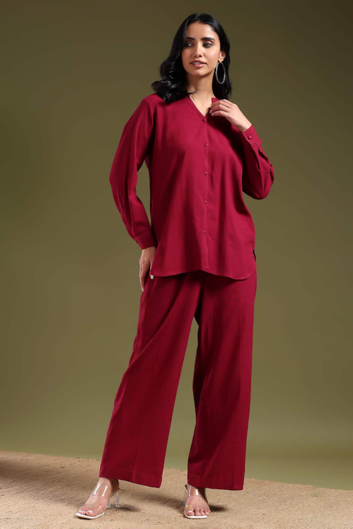 Tashee Maroon Linen Shirt & Pant Coord Set 