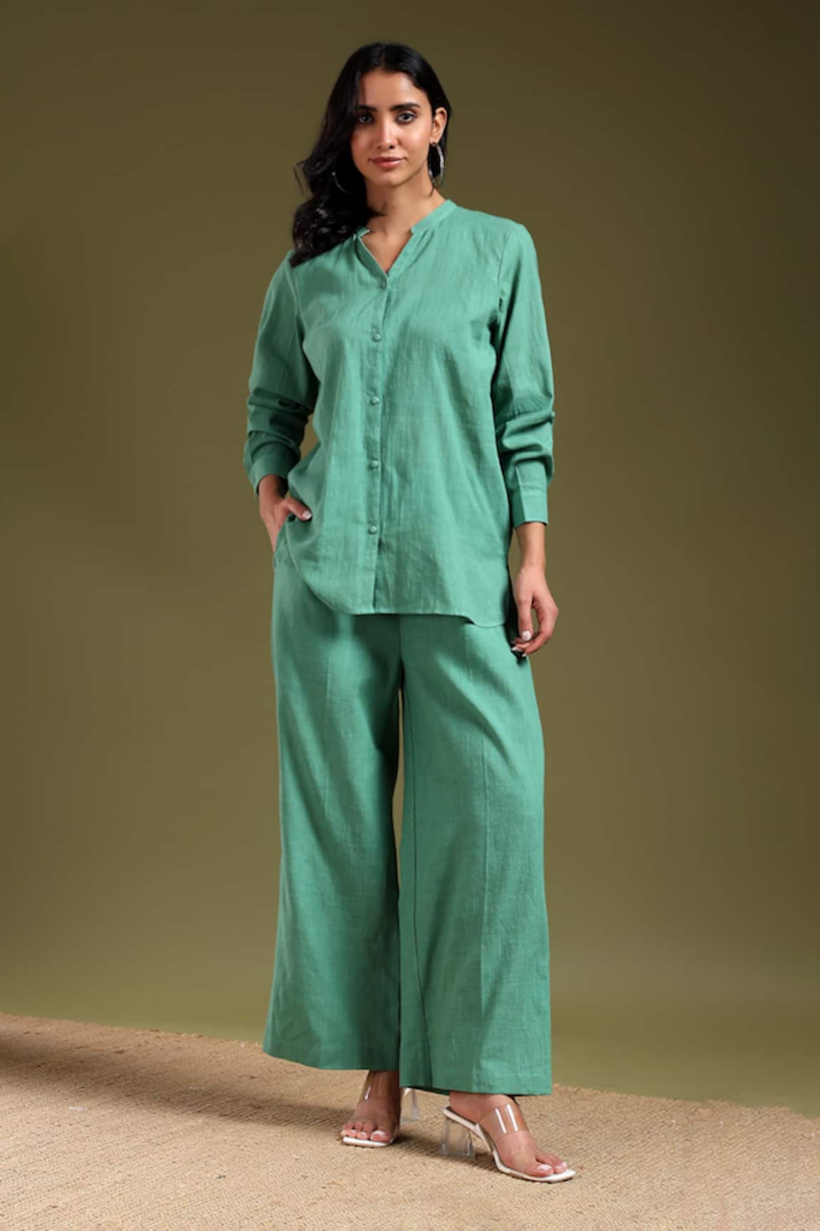 Tashee Sage Green Linen Shirt & Pant Set 