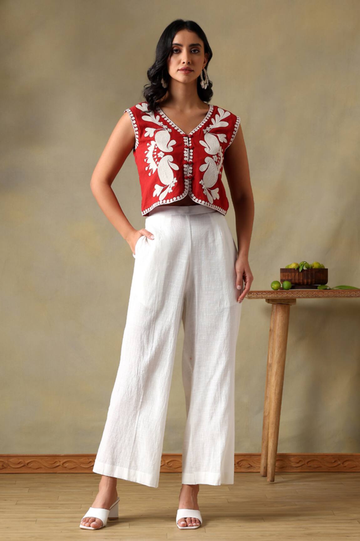 Tashee Rust Embroidered Jacket Top & Ivory Pants 