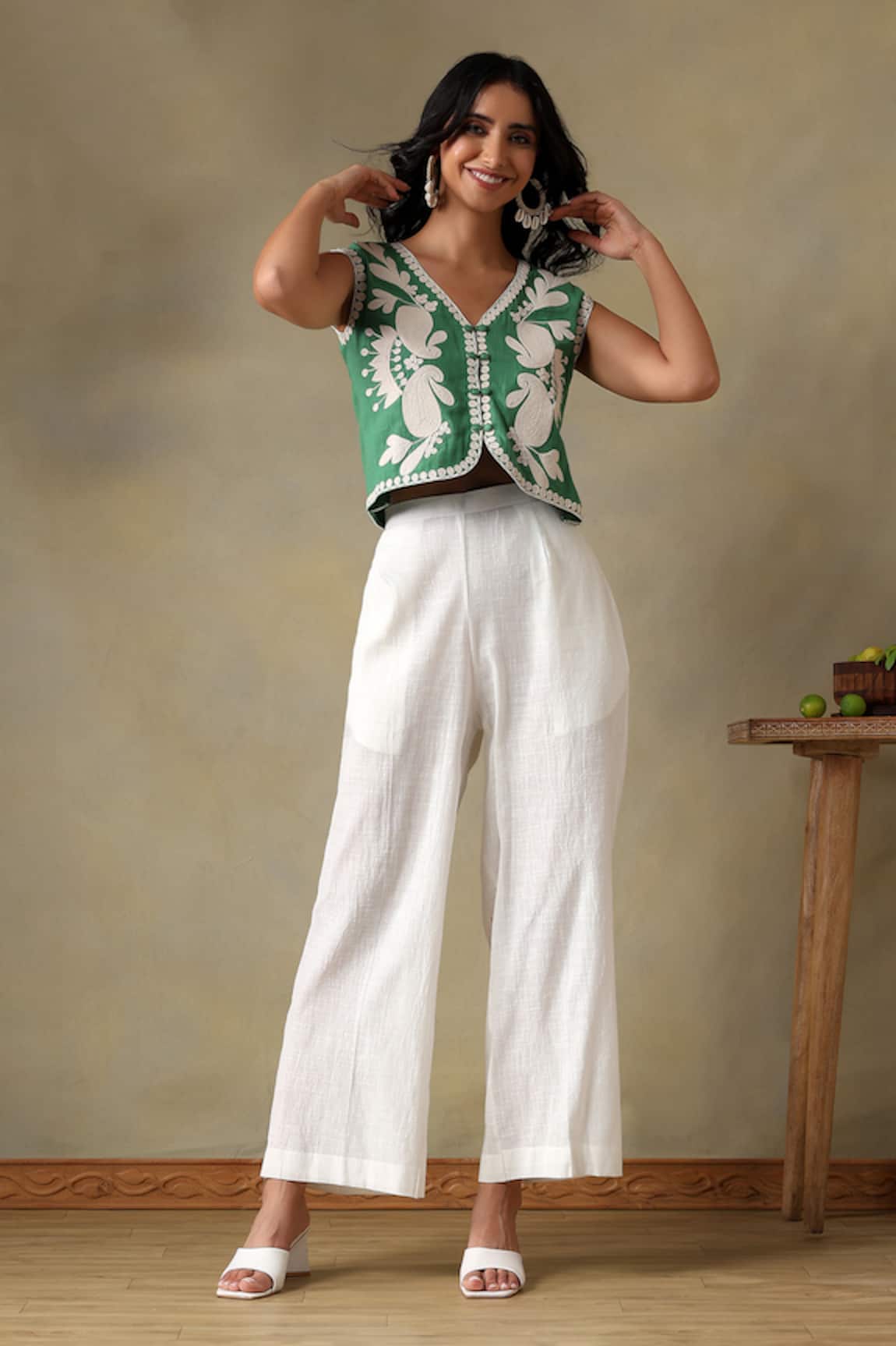 Tashee Green Embroidered Jacket & Ivory Pants Set 