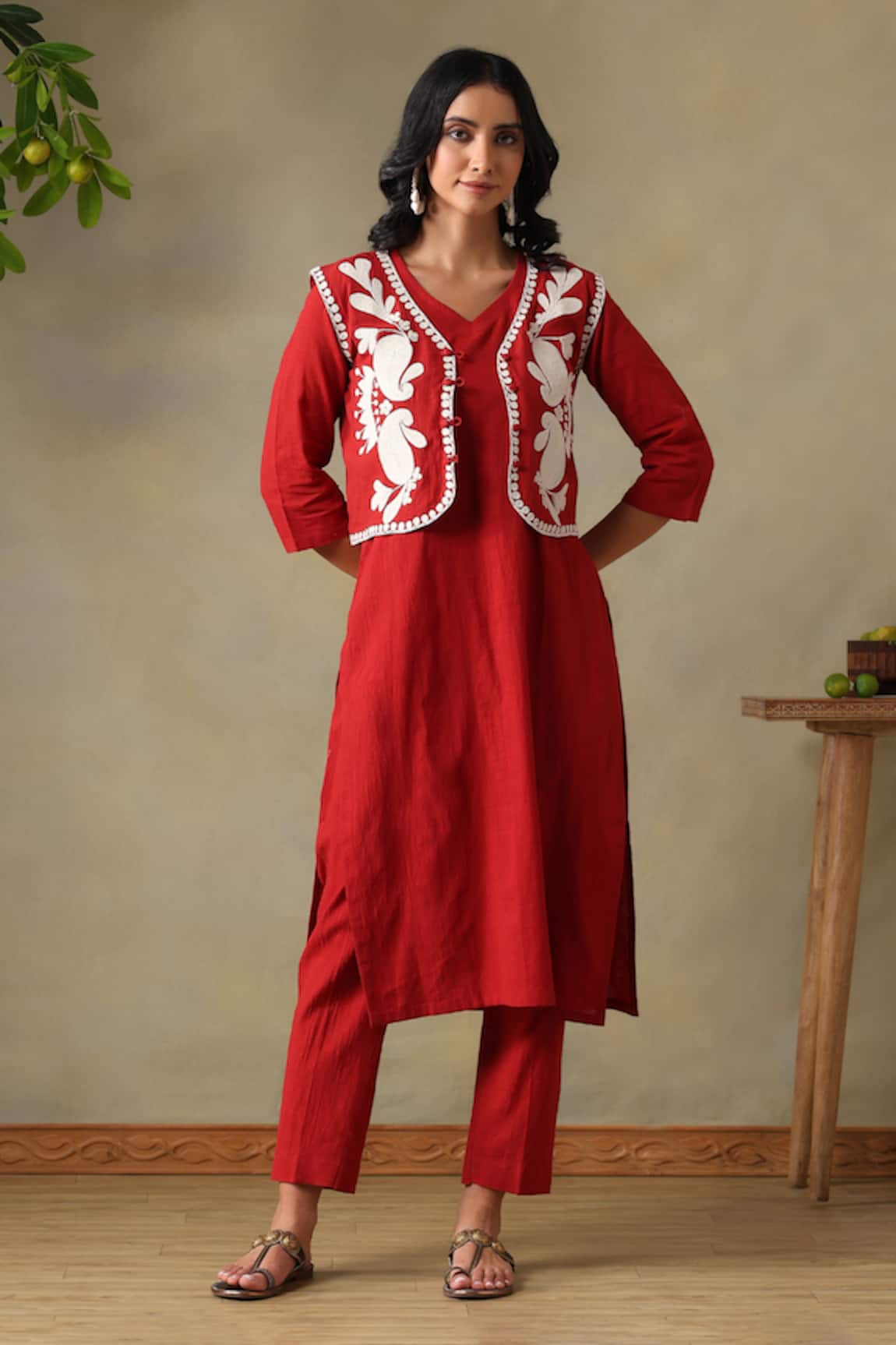 Tashee Rust Embroidered Cotton Slub Kurta Set 