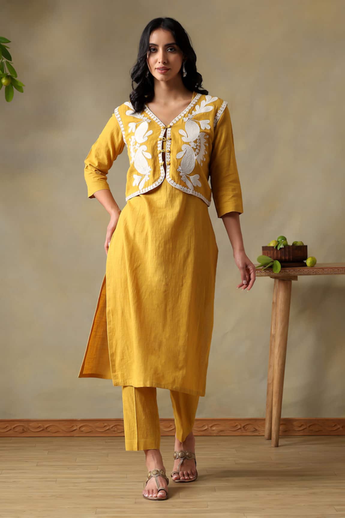 Tashee Yellow Embroidered Cotton Slub Kurta Set 