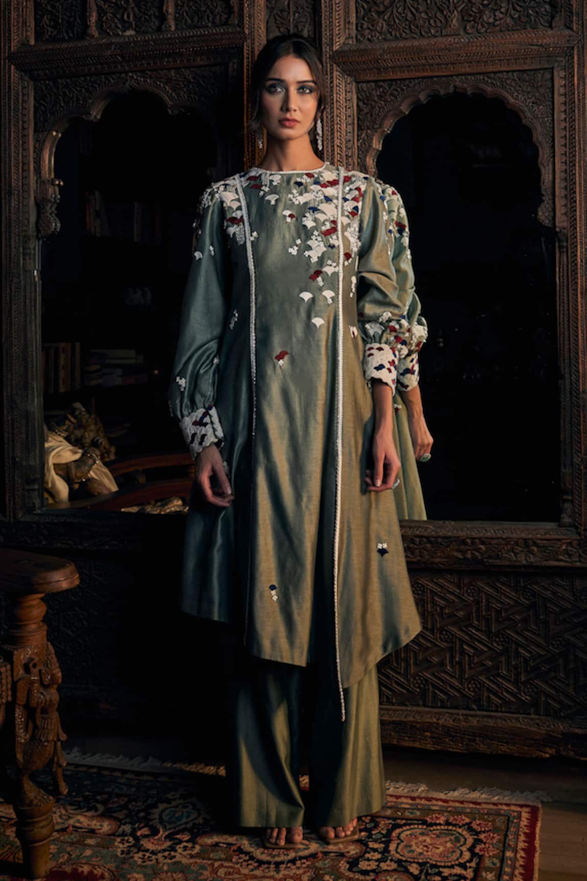 Sahil Kochhar Embroidered Chanderi Kurta Pant Set 
