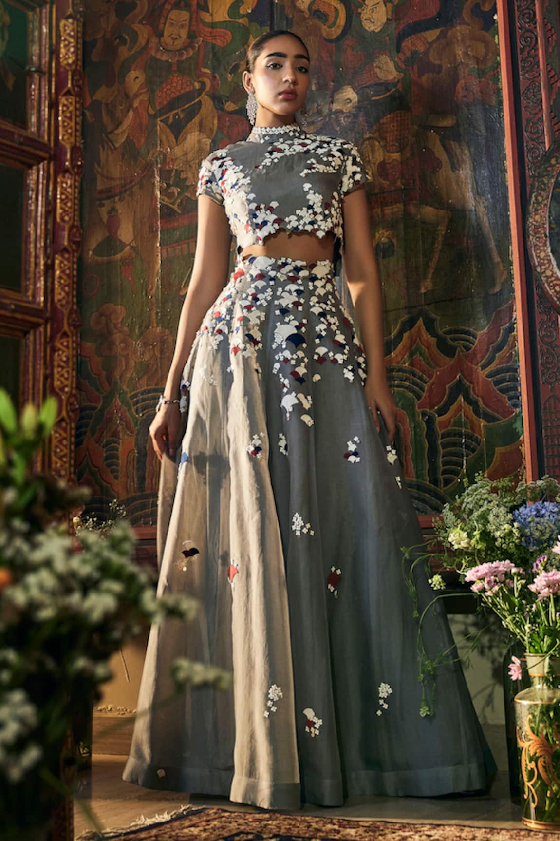 Sahil Kochhar Grey Organza Floral Embroidered Dress Set 