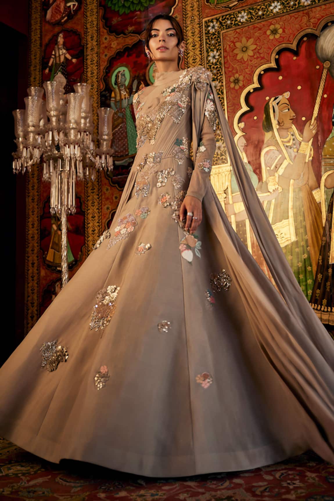 Sahil Kochhar Beige Organza Designer Gown 