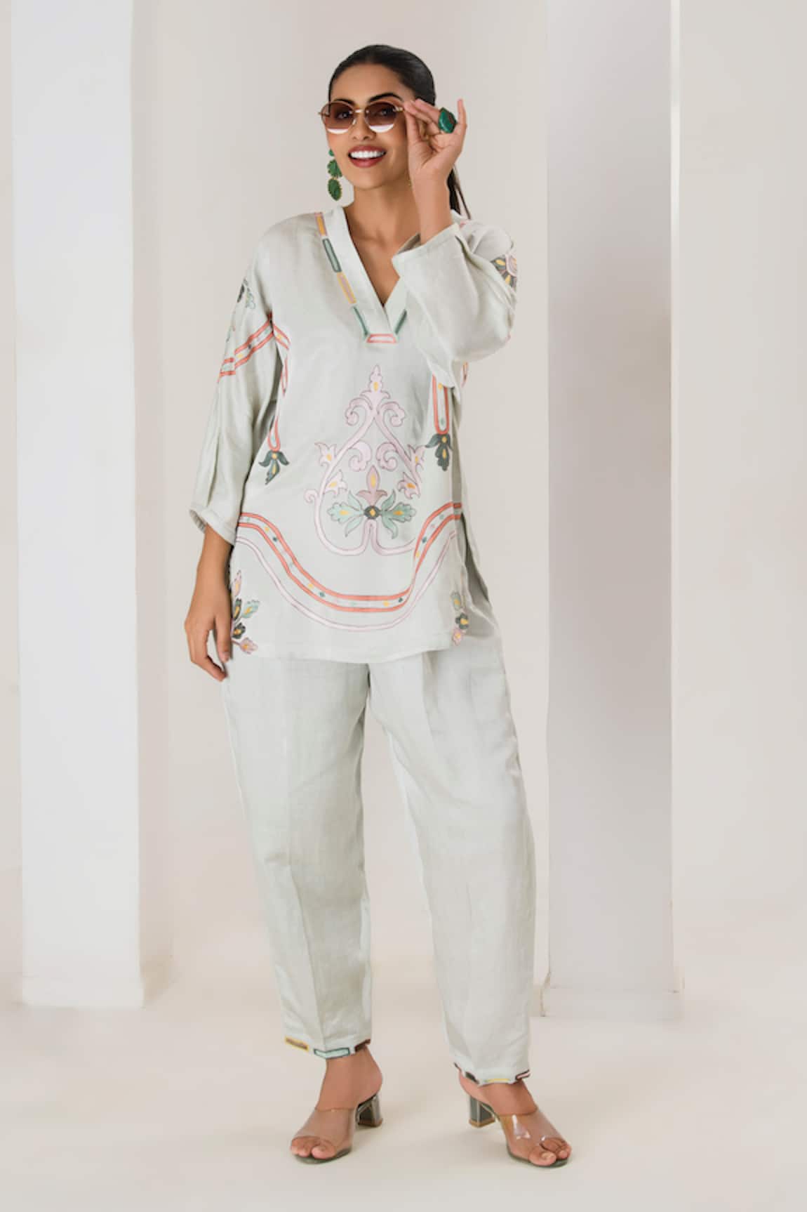 Saahiil Kapoor Mint Floral Embroidered Top & Pant Set 