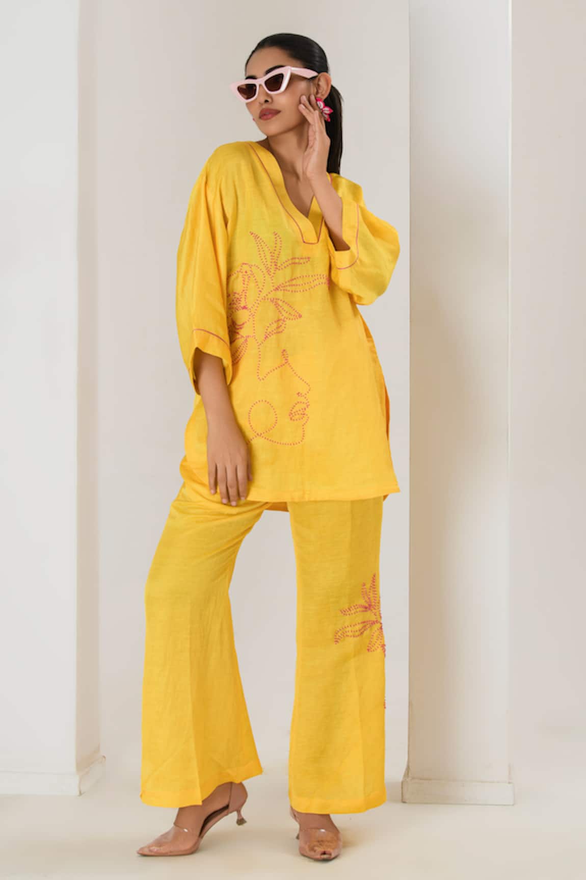 Saahiil Kapoor Yellow Floral Embroidered Top & Pant Set 