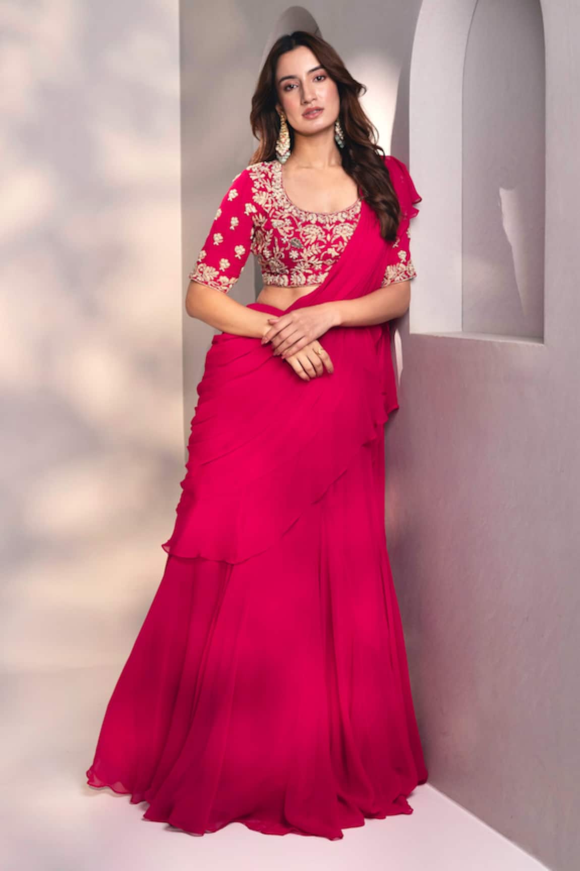 Dajwaree Designer Pink Georgette Saree Set 