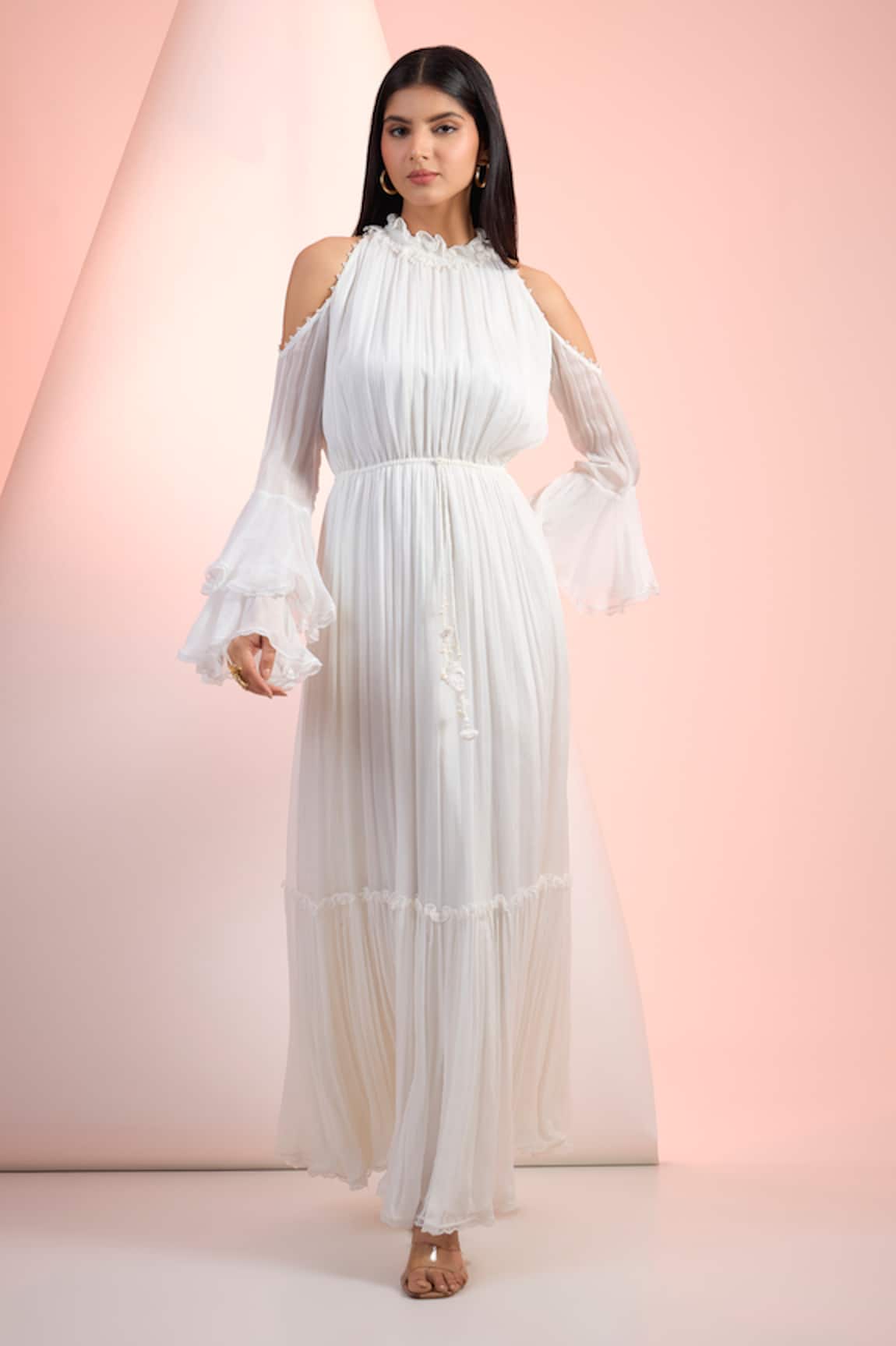 Mandira Wirk Resort Off White Solid Chiffon Dress 