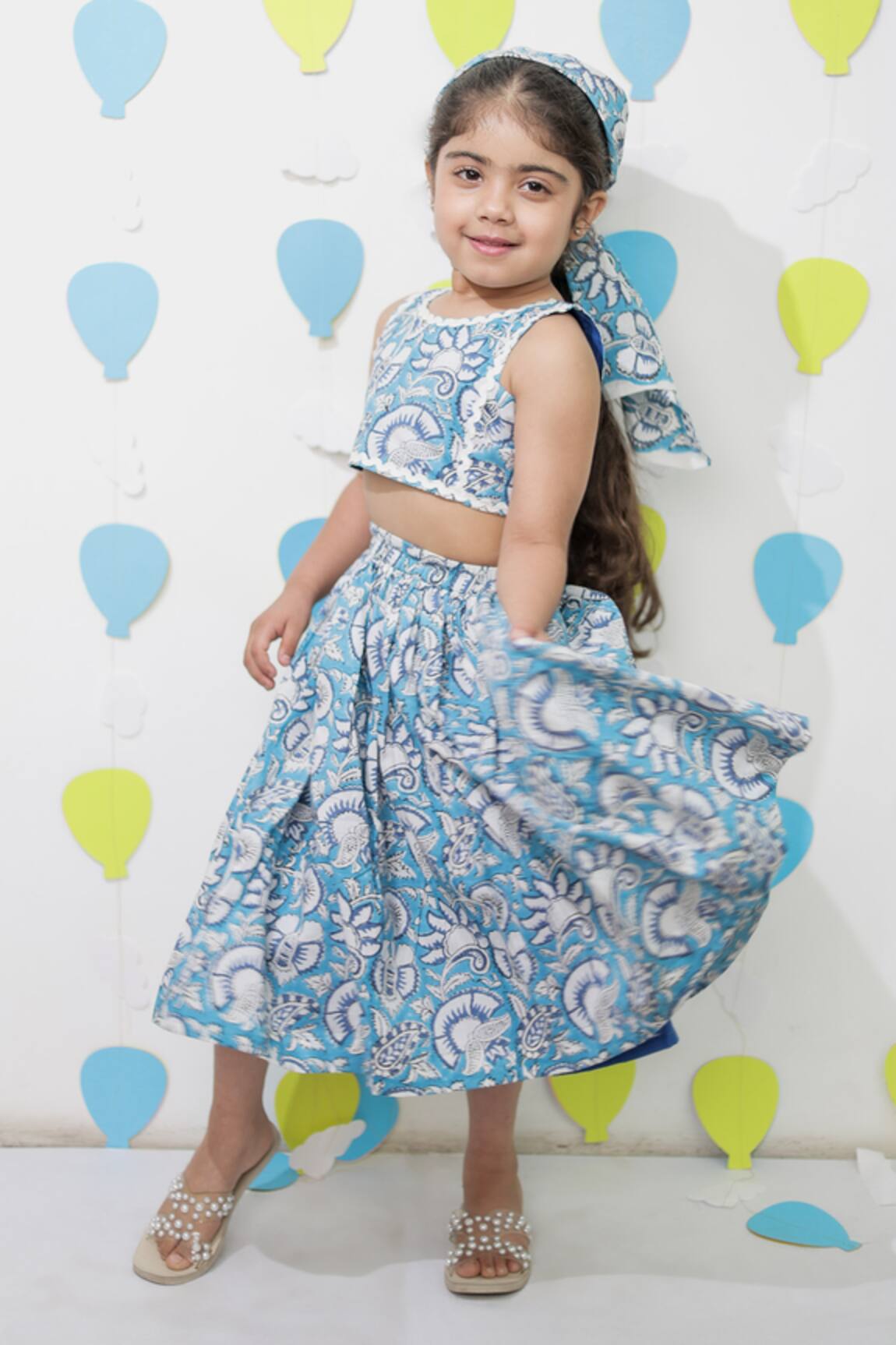 Tiny Colour Blue Printed Skirt & Crop Top Set 