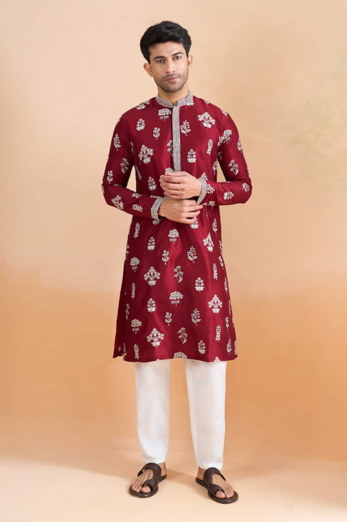 Arihant Rai Sinha Maroon Thread Printed Kurta Set 