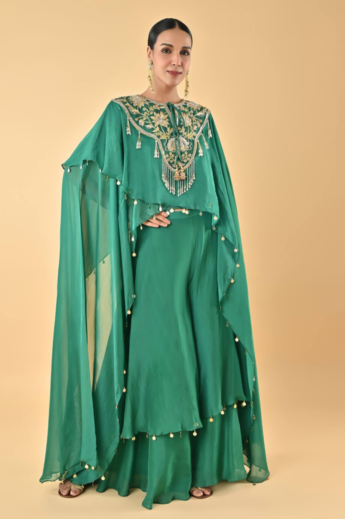 Keith Gomes Embroidered Green Silk Organza Cape Set 