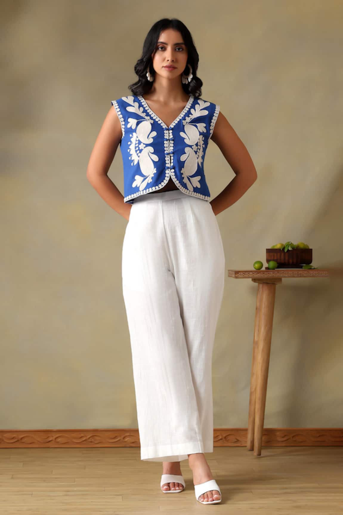 Tashee Blue Embroidered Jacket with Ivory Pants 