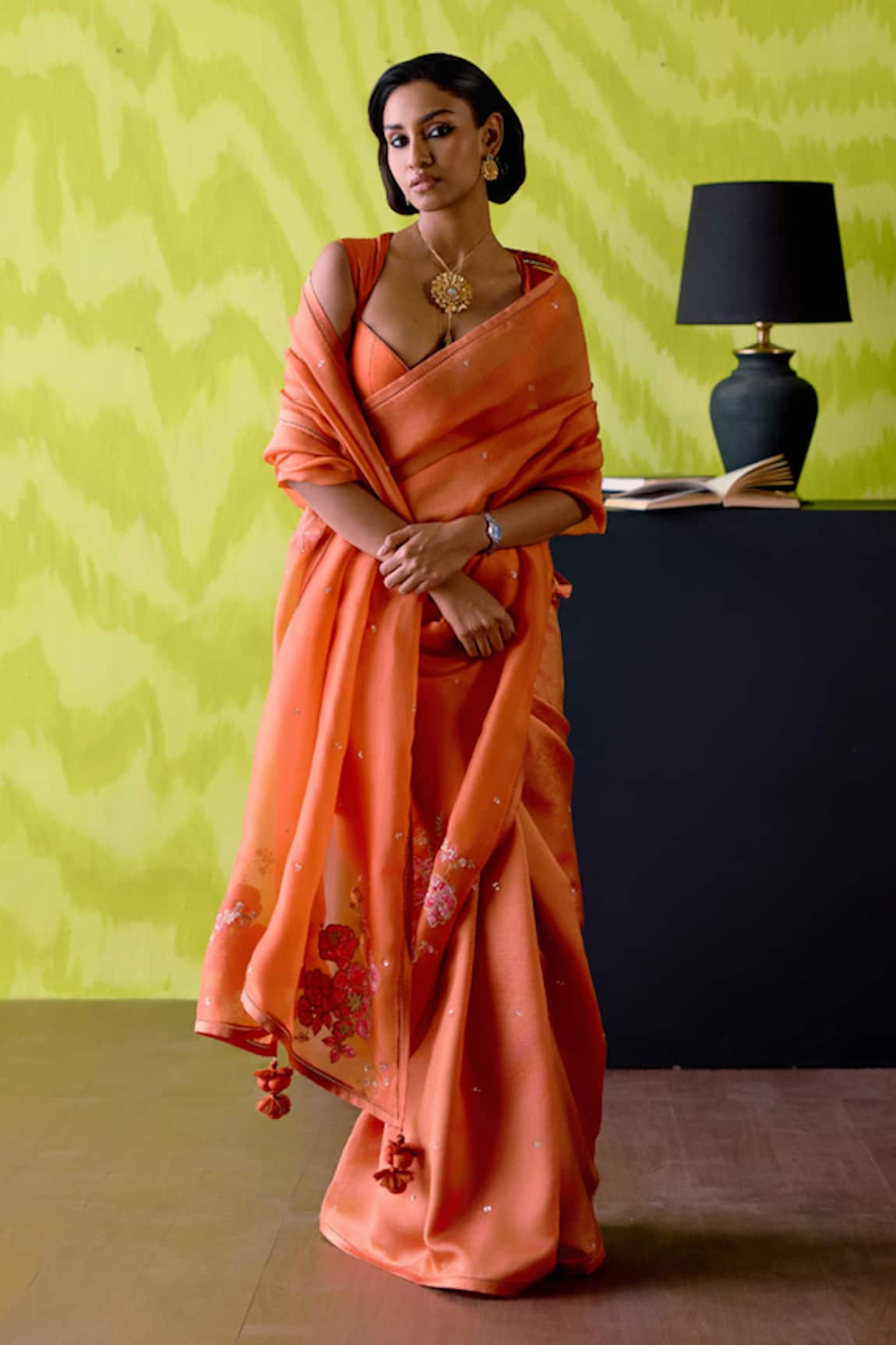 Deep Thee Rust Orange Appliqued Saree Set 