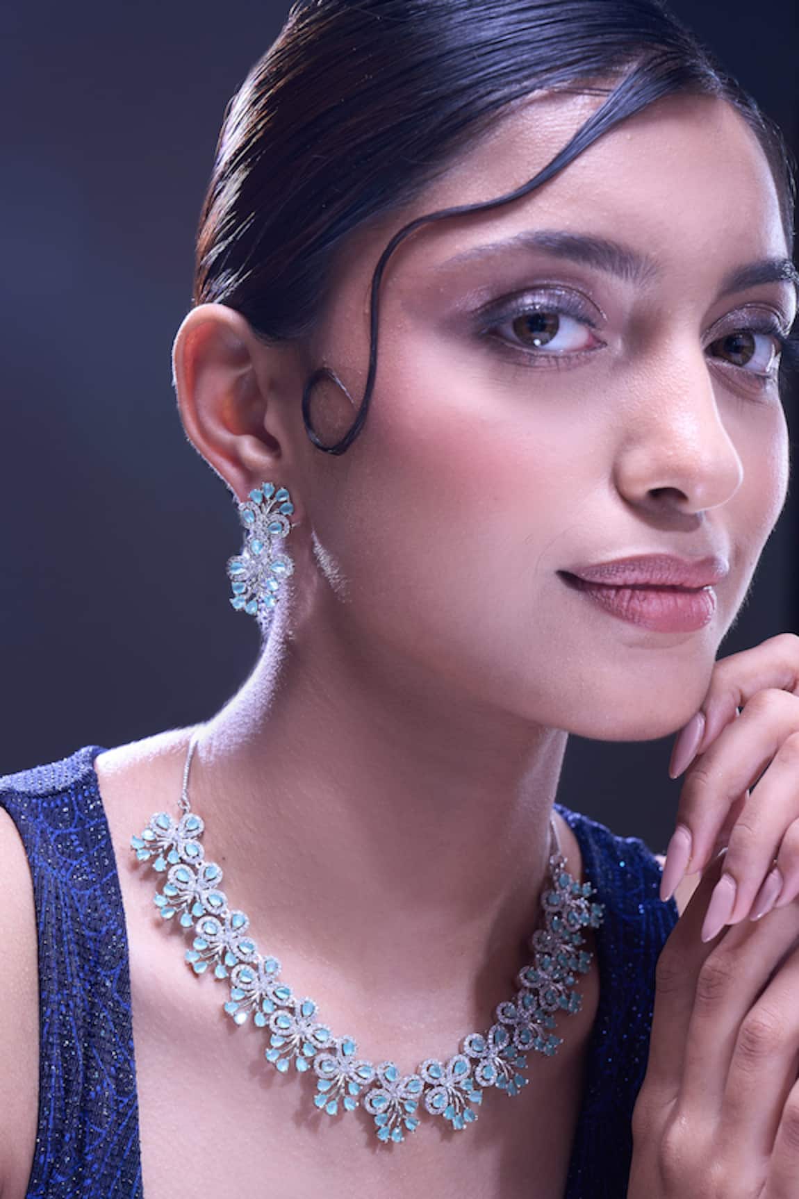 Nazaakat By Samara Singh Aqua American Diamond Necklace & Earrings