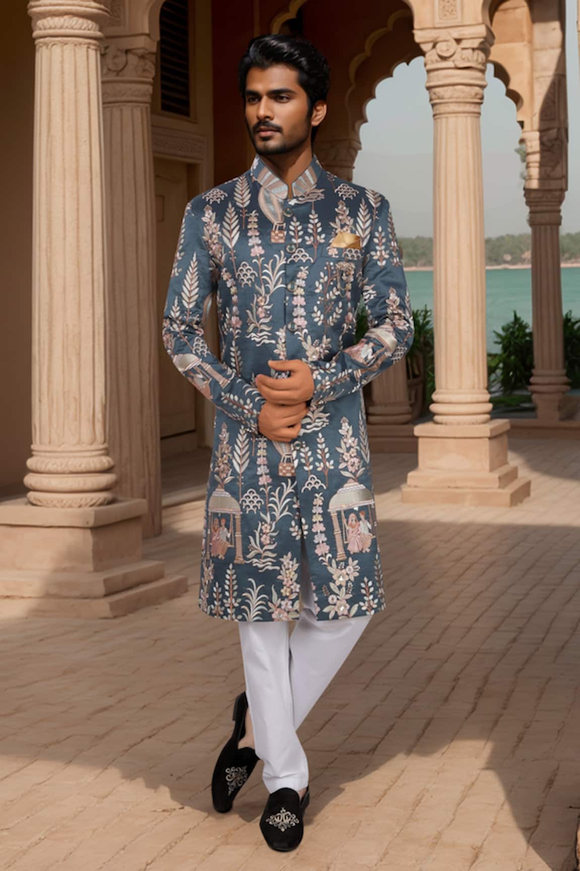 Arihant Rai Sinha Bluish Grey Thread Embroidered Sherwani Set 