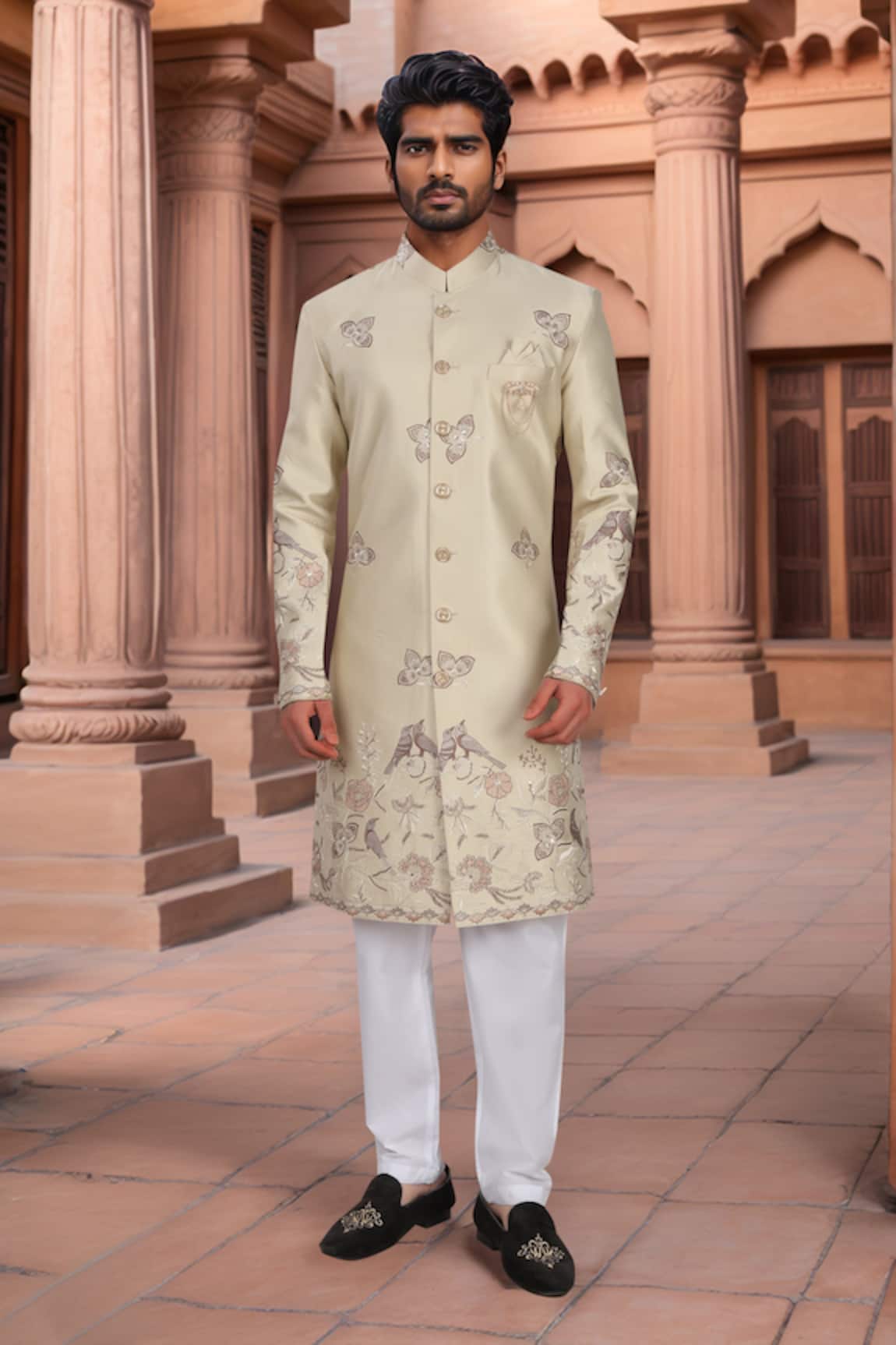 Arihant Rai Sinha Gold Thread Embroidered Sherwani & White Pant 