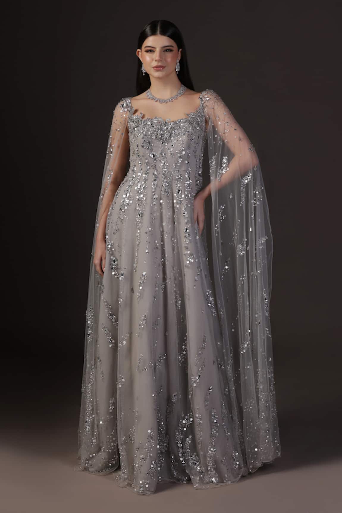 Pooja Peshoria Silver Hand Embroidered Cape Gown