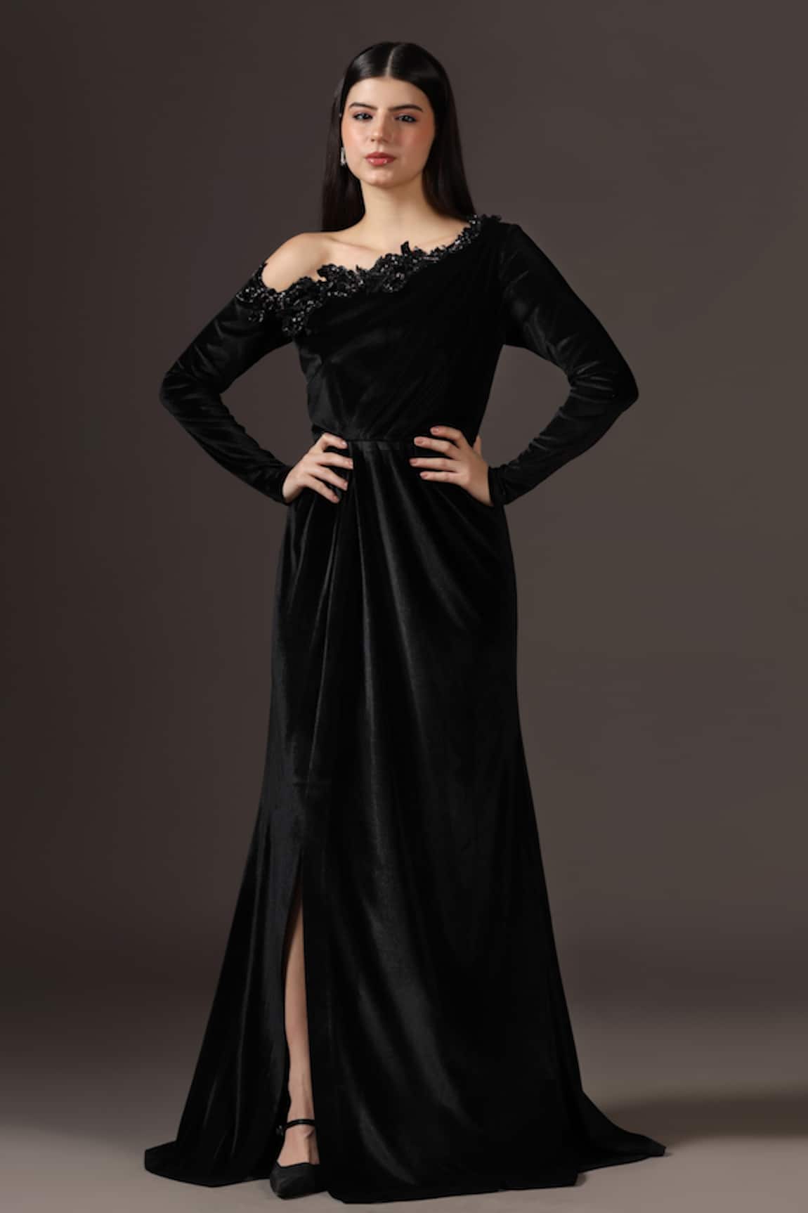 Pooja Peshoria Black Velvet One-Shoulder Gown 