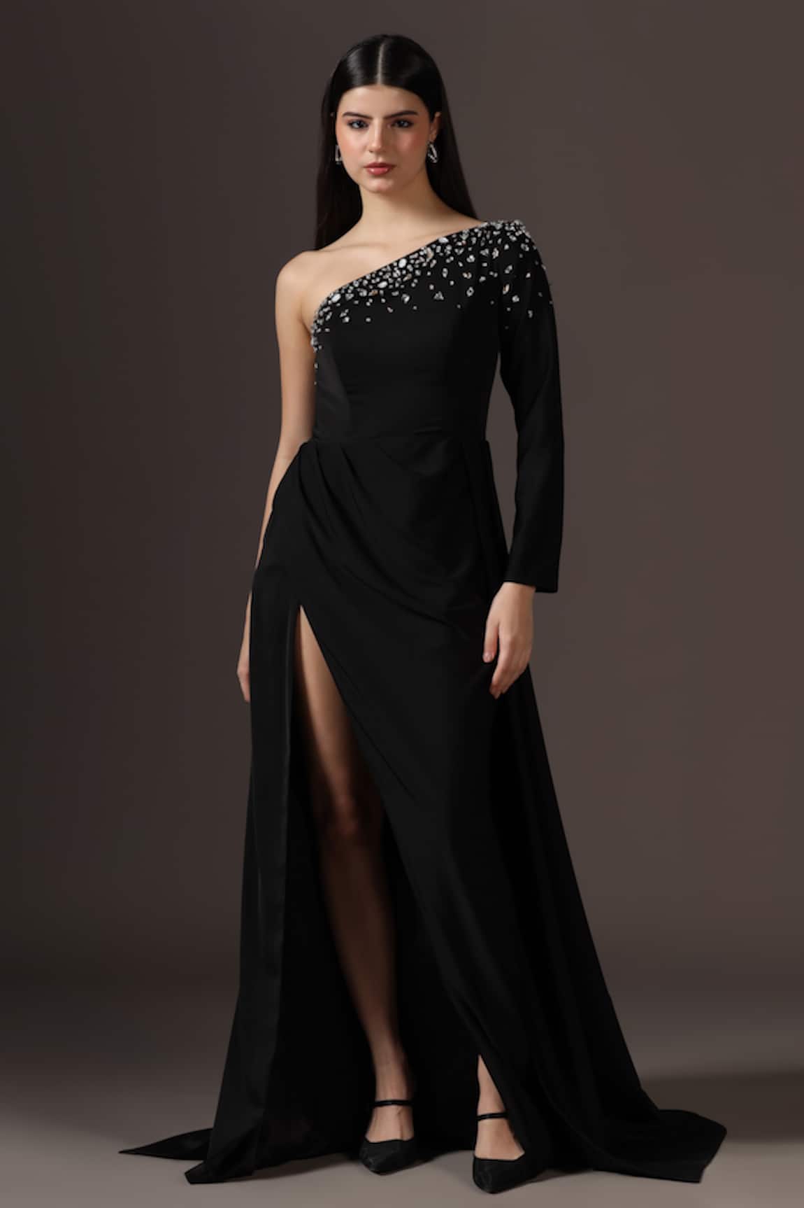 Pooja Peshoria Black One-Shoulder Embellished Gown 