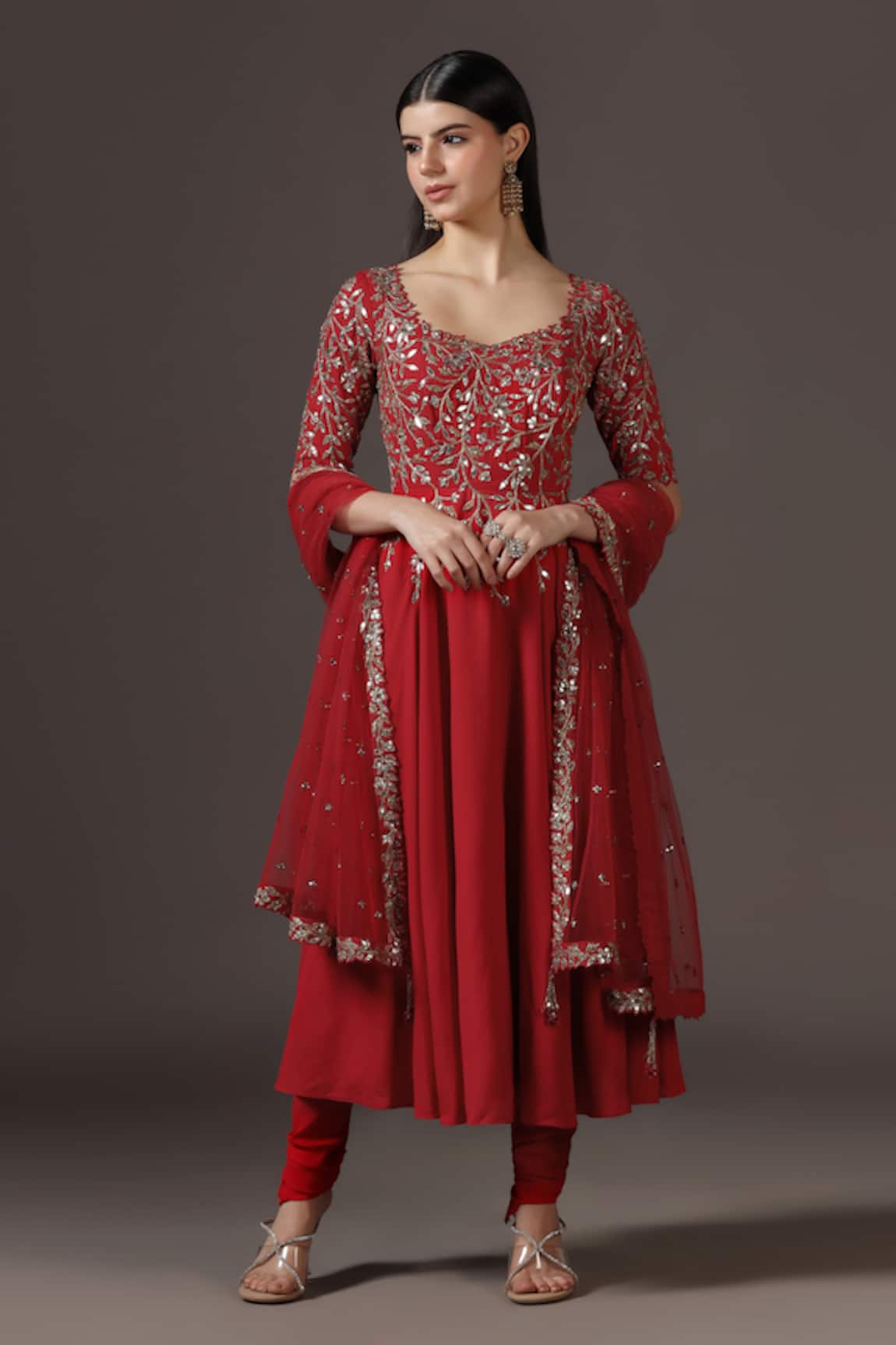 Pooja Peshoria Red Hand Embroidered Anarkali Set 
