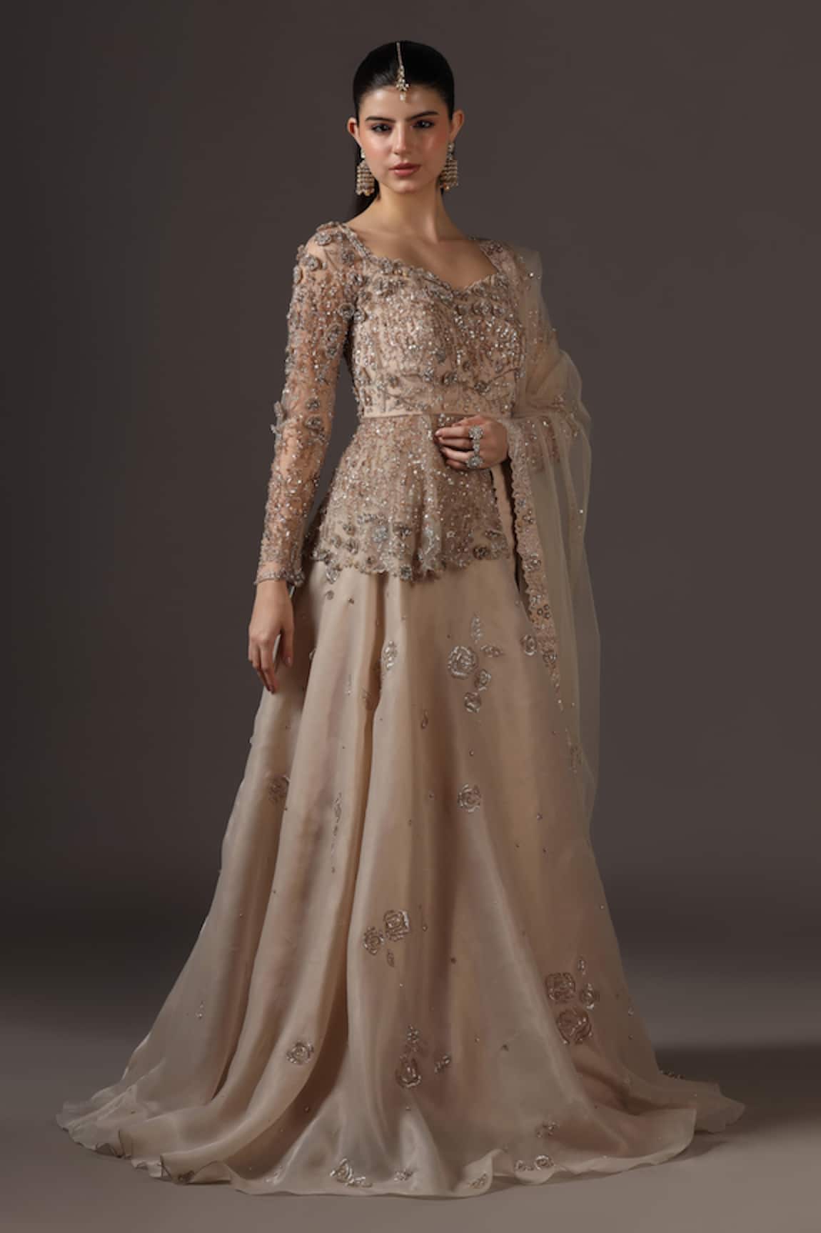 Pooja Peshoria Champagne Gold Hand Embroidered Lehenga Set 