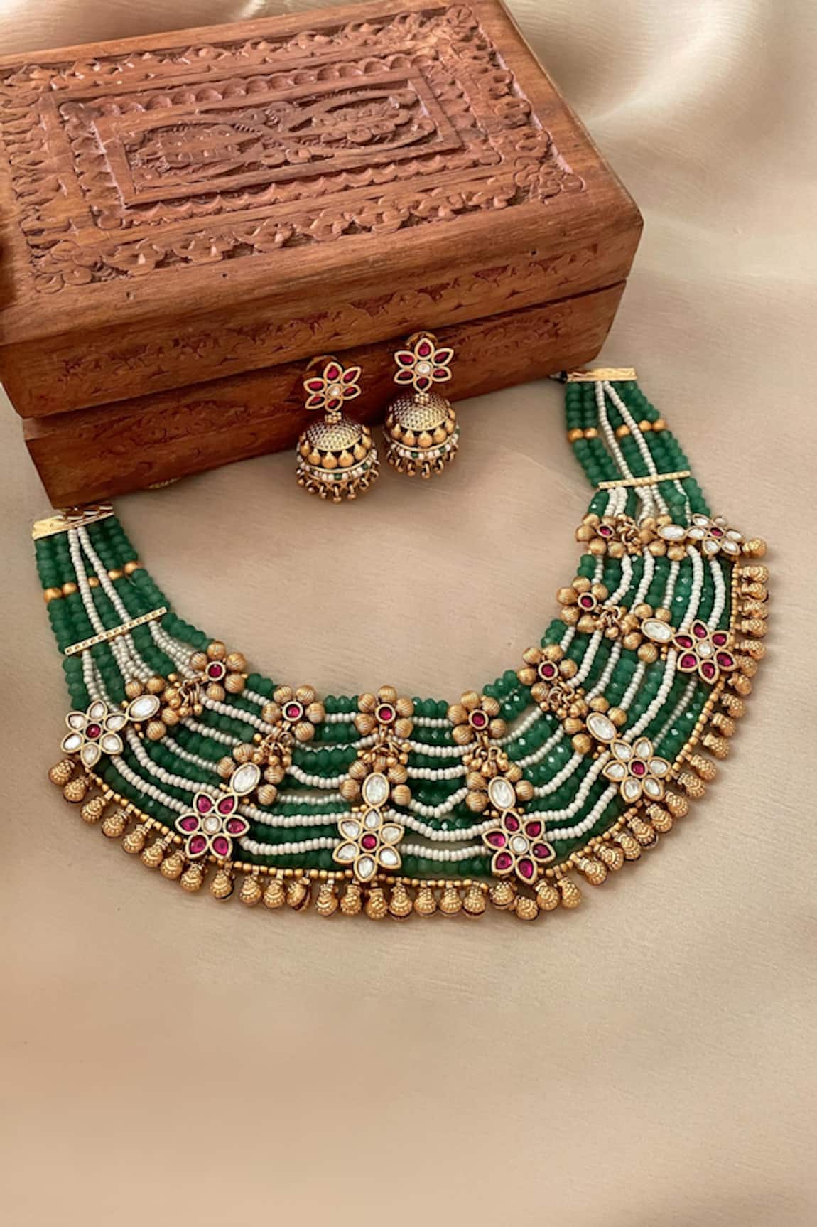 Saga Jewels Green Designer Necklace & Earring Set 