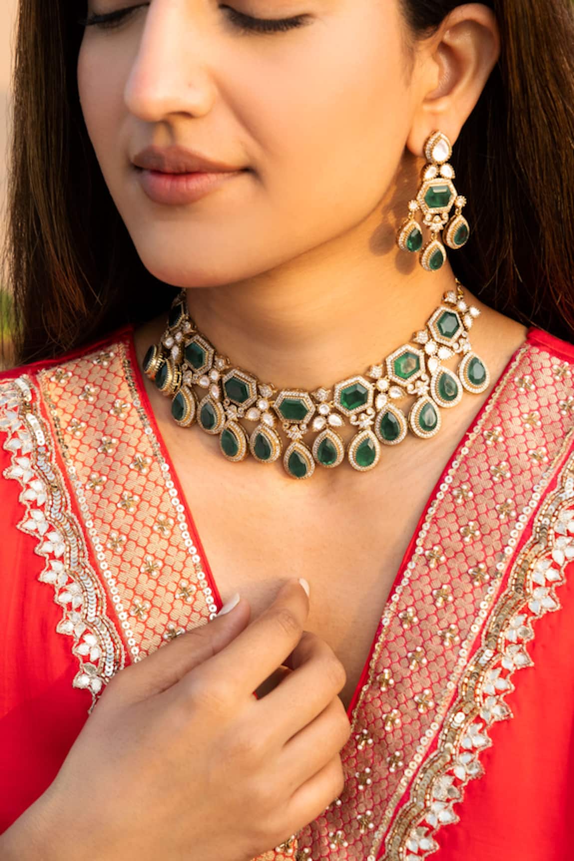 Saga Jewels Green Designer Necklace & Earring Set 
