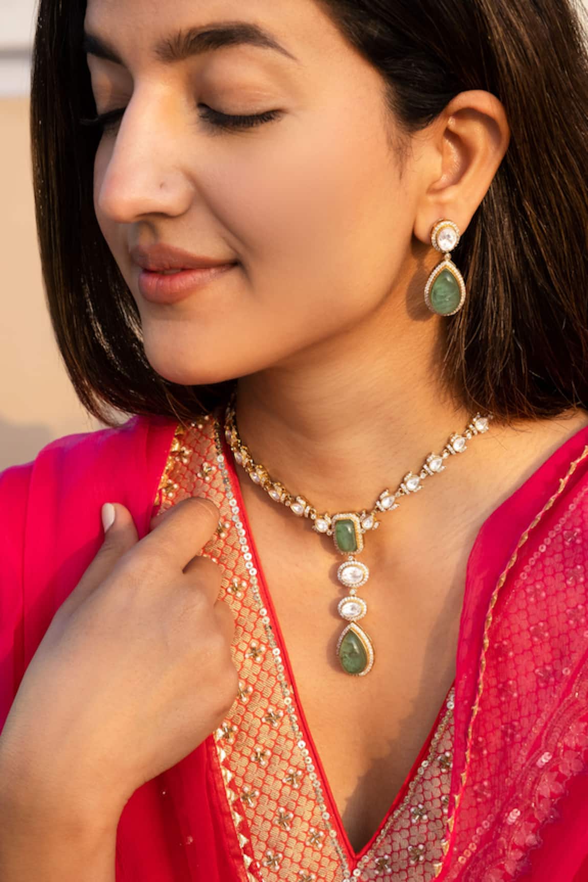 Saga Jewels Green Designer Necklace & Earring Set 