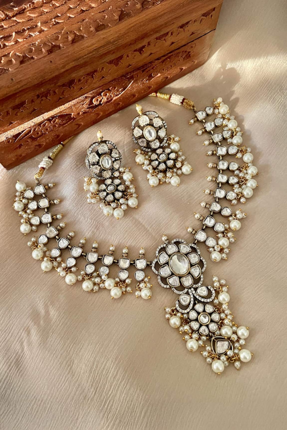 Saga Jewels Designer White Pearl Necklace & Earring Set 
